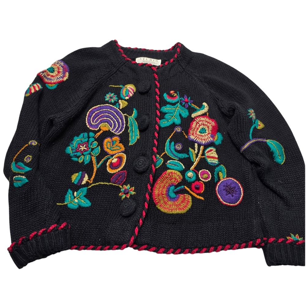 Studio Michelle Stuart Floral Embroidered Knit Cardigan Black Ramie Cotton Med
